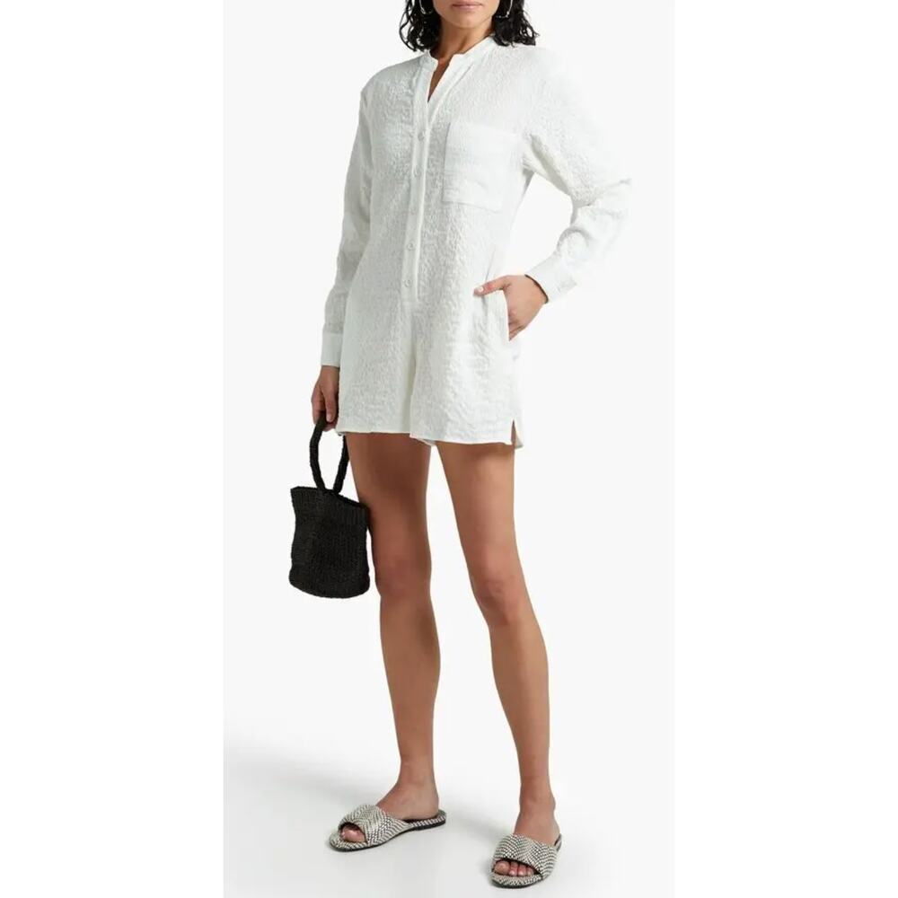 ONIA Cloqué Playsuit Romper Long Sleeve White Crinkle Button Front S